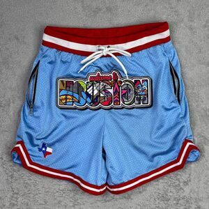 Welcome to Houston Mesh Basketball Shorts Mens XS Light Blue Skyline Graphic